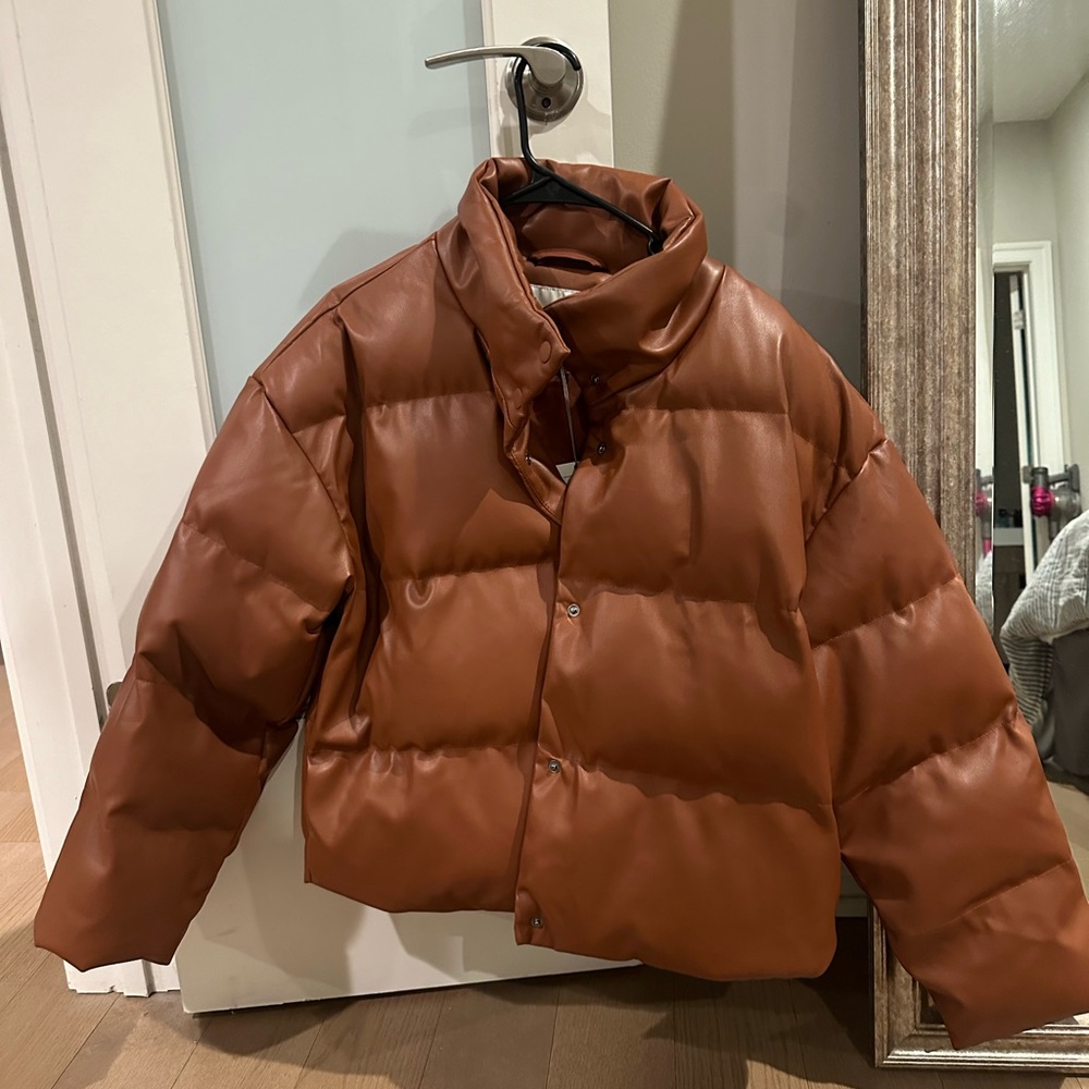 Brown Faux Leather Puffer Jacket